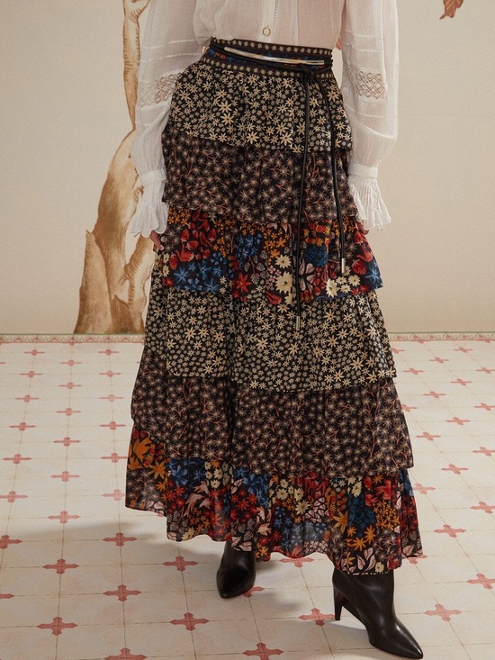 FARM Rio Dresses & Skirts - FARM Rio Black Jujus Garden Tiered Ruffle Floral Midi Skirt Small 57199